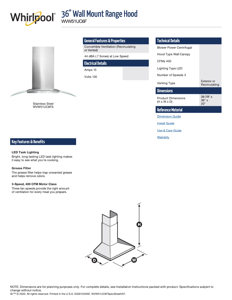 Page 1 de la notice Fiche technique Whirlpool WVW51UC6FS