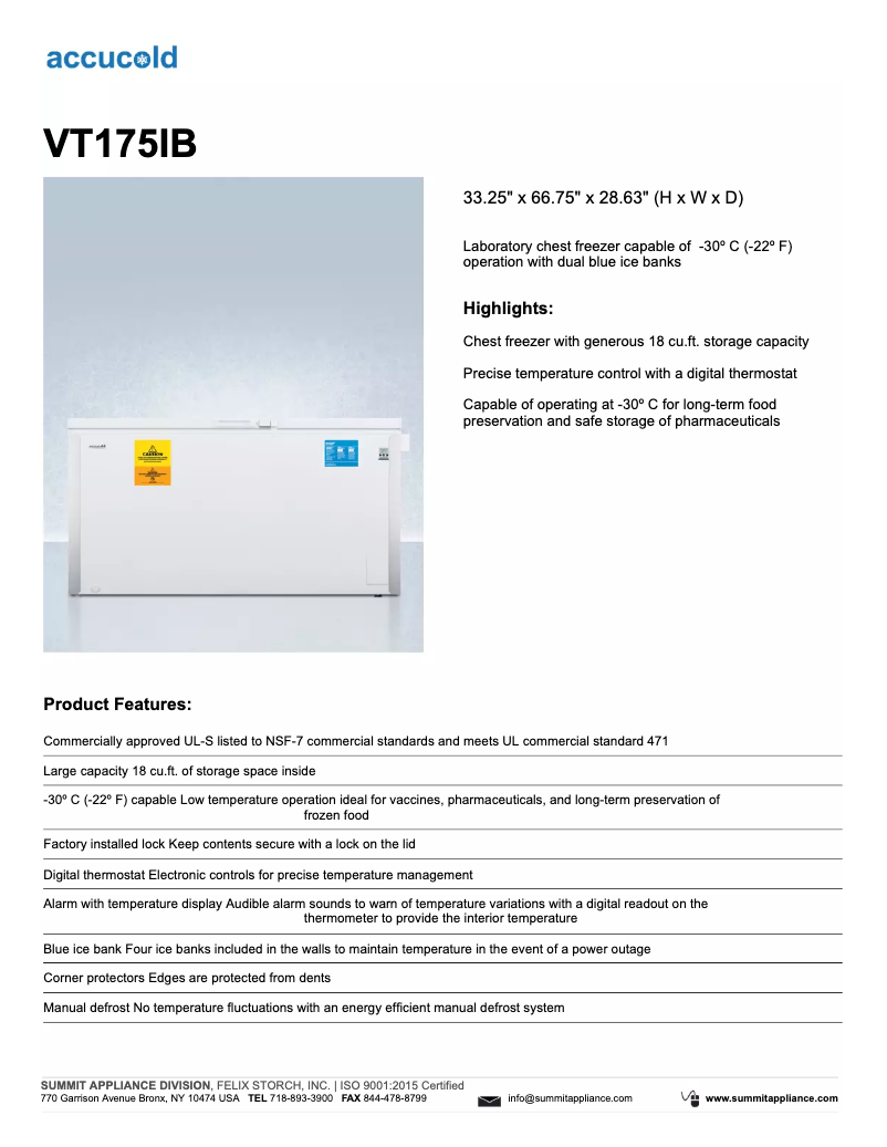 Page n°1 - Fiche technique Summit Accucold VT175IB