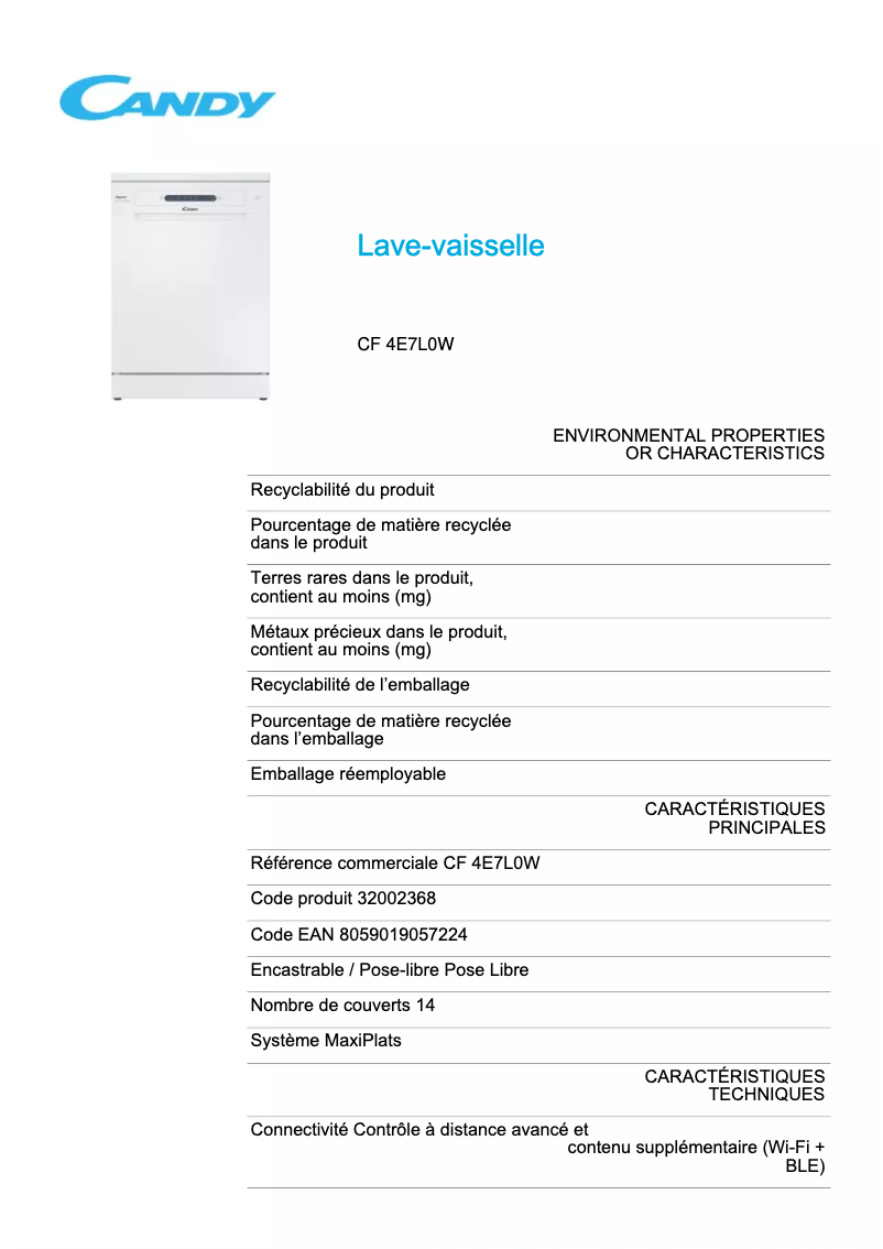 Page 1 de la notice Fiche technique Candy CF 4E7L0W
