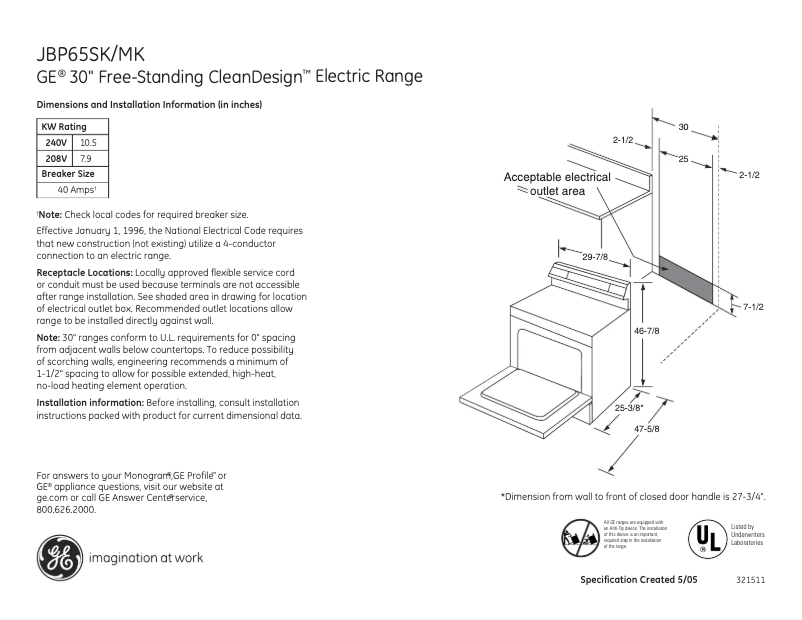Page n°1 - Fiche technique GE JBP65MKBS