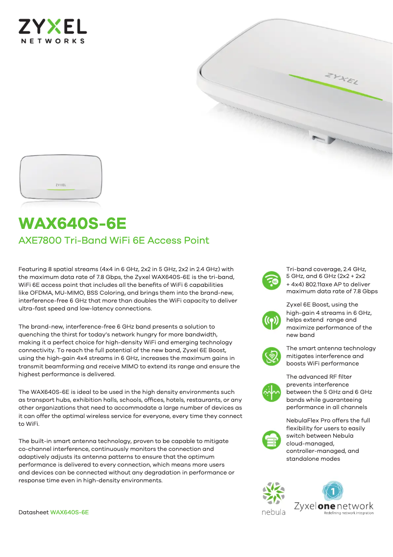 Page 1 of the manual Technical Sheet ZyXEL WAX640S-6E