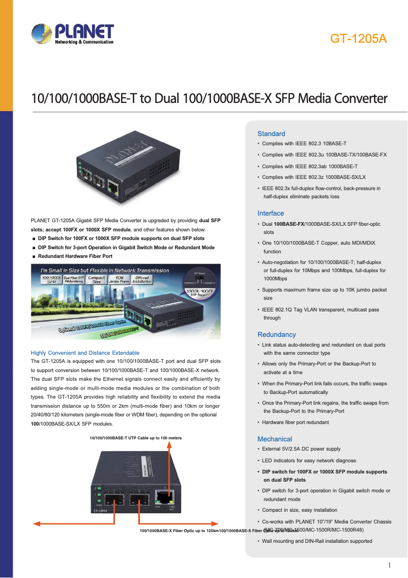 Page 1 de la notice Fiche technique Planet GT-1205A