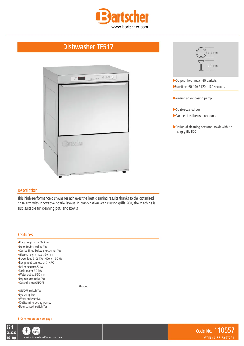 Page 1 de la notice Fiche technique Bartscher TF517