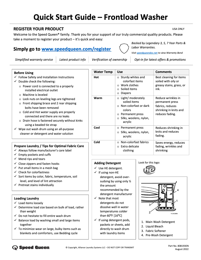 Page 1 de la notice Guide de démarrage rapide Speed Queen SF7007BG