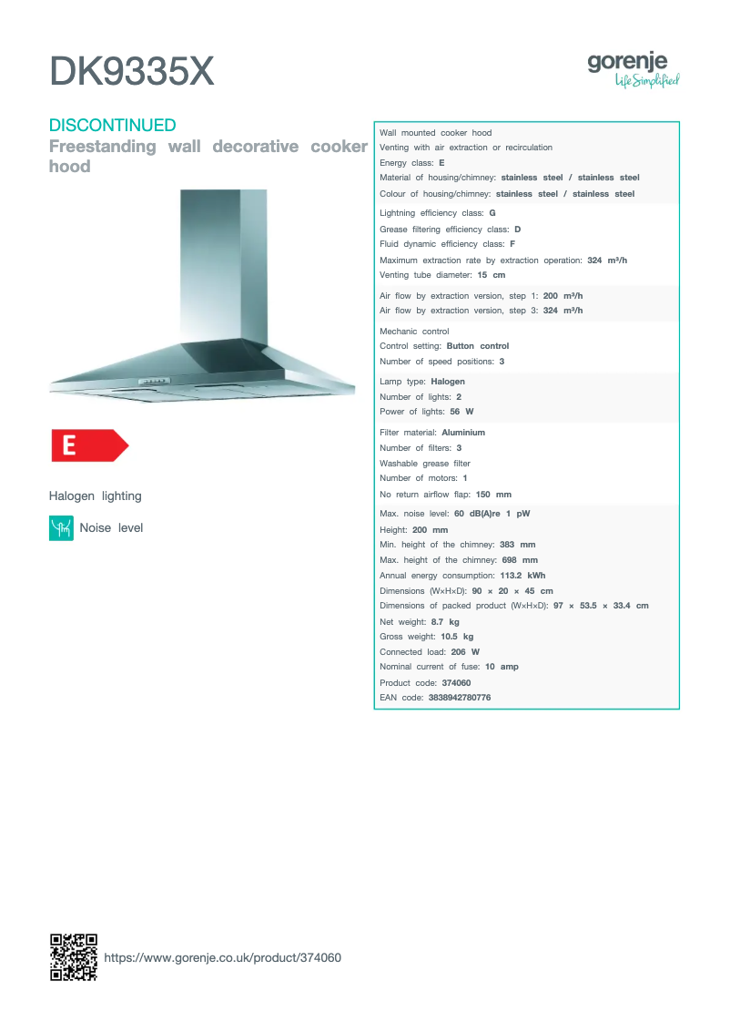 Page 1 de la notice Fiche technique Gorenje DK9335X