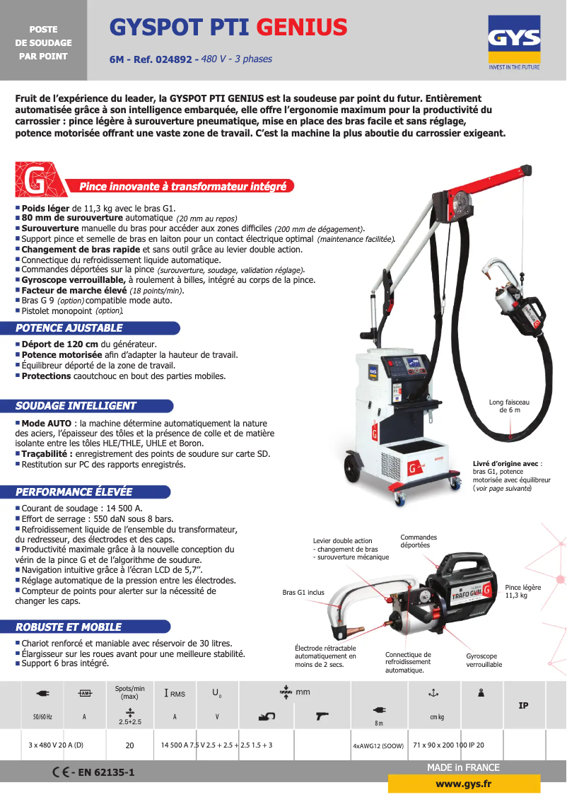 Page 1 de la notice Fiche technique GYS Gyspot Inverter Evolution Pti.G 480V
