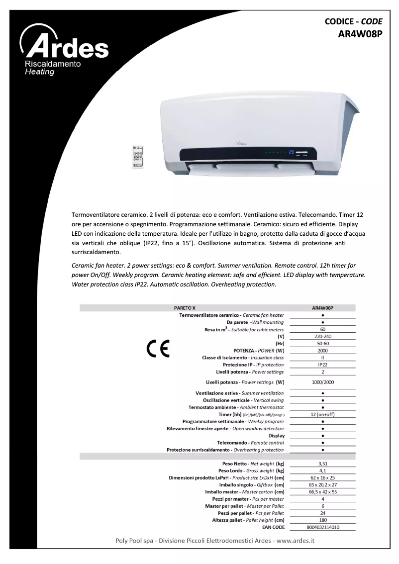 Página 1 del manual Ficha técnica Ardes AR4W08P