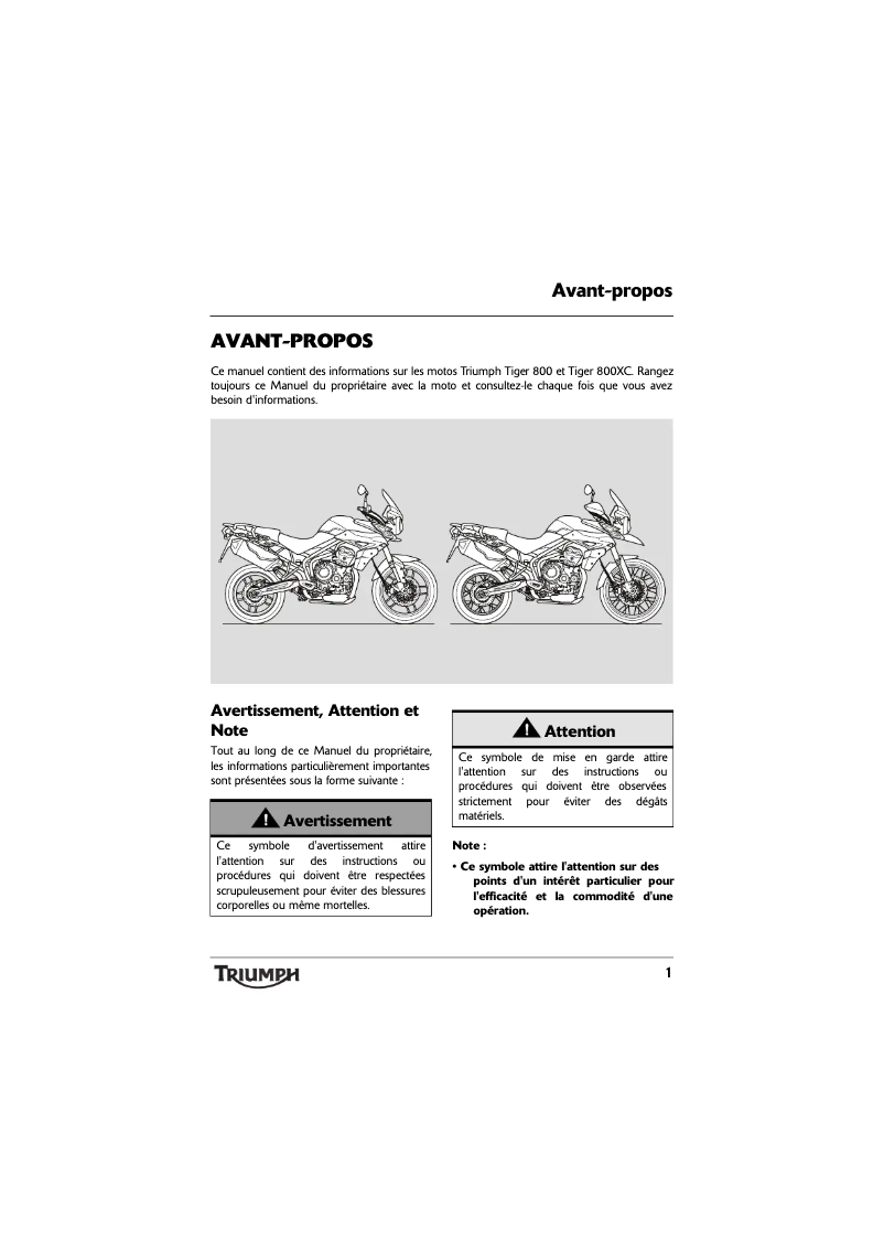 Page 1 de la notice Manuel utilisateur Triumph Tiger 800 XC (2015)