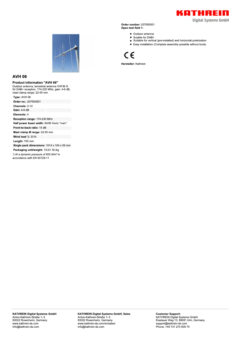 Page 1 de la notice Fiche technique Kathrein AVH 06