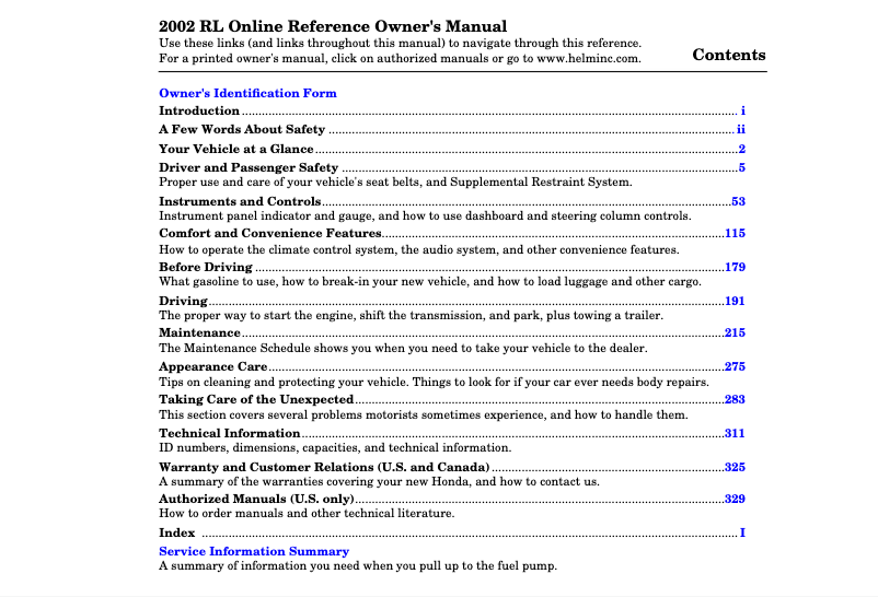 Page 1 de la notice Manuel utilisateur Acura RL (2002)