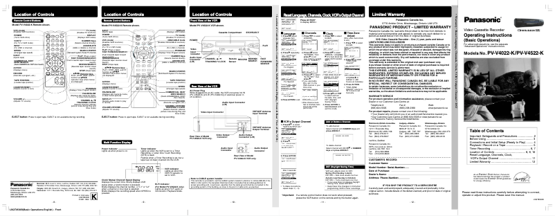 Page 1 de la notice Manuel utilisateur Panasonic PV-V4022K