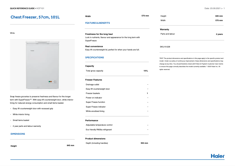 Page n°1 - Manuel utilisateur Haier HCF101