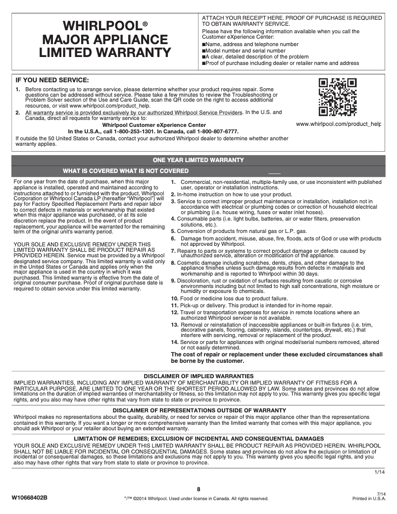 Page 1 de la notice Mode d'emploi Whirlpool WZC3115D