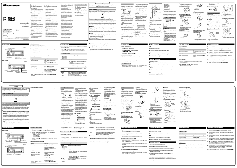 Page 1 de la notice Guide de démarrage rapide Pioneer MVH-330DAB