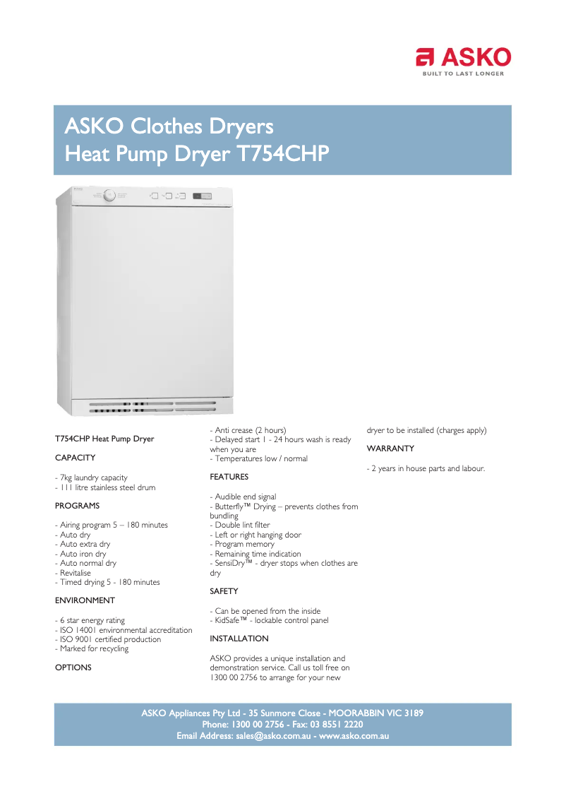 Page 1 de la notice Fiche technique Asko T754CHP