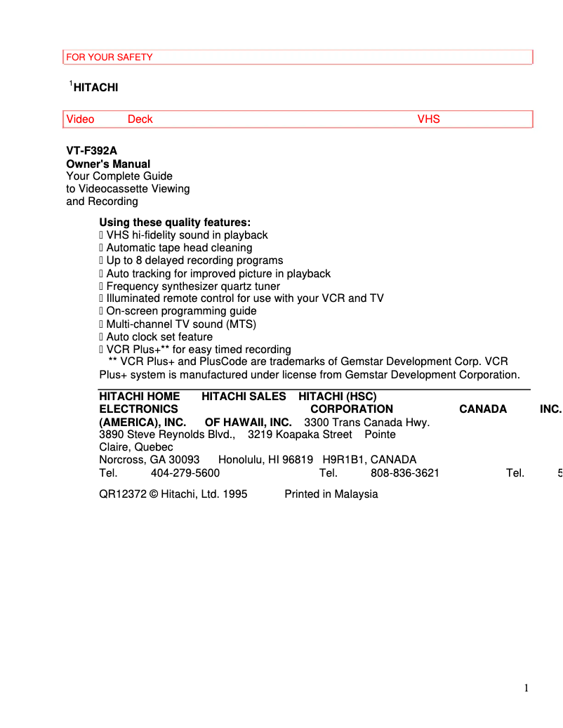 Page 1 de la notice Manuel utilisateur Hitachi VT-F392A