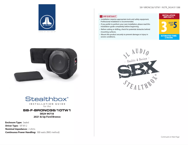 Page 1 de la notice Manuel utilisateur JL Audio Stealthbox SB-F-BRONCG6/10TW1