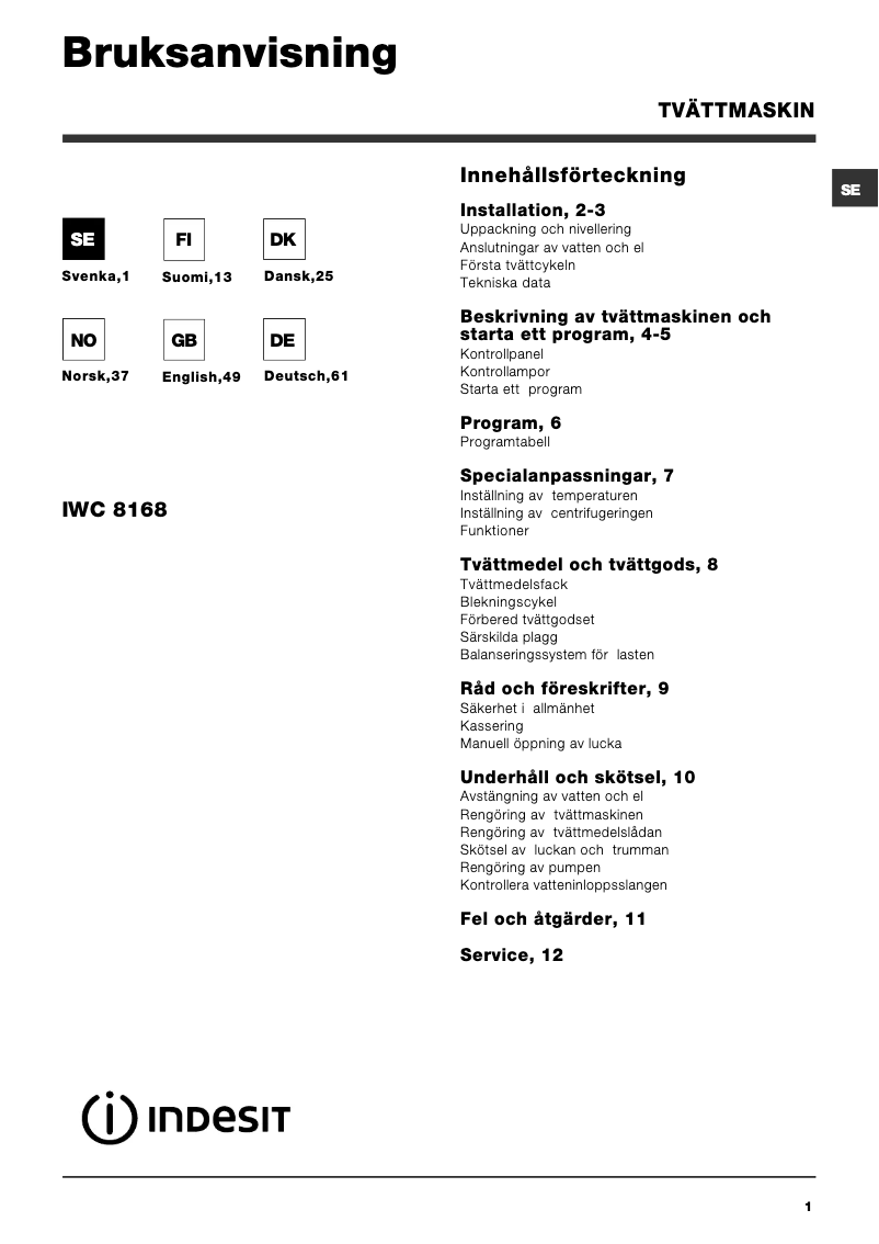 Page n°1 - Manuel utilisateur Indesit IWC 8168 (SK)