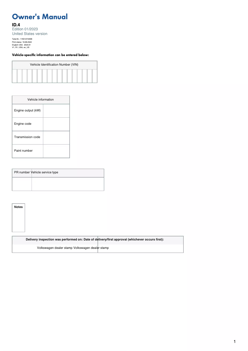 Image de la première page du manuel de l'appareil ID.4 (2023)