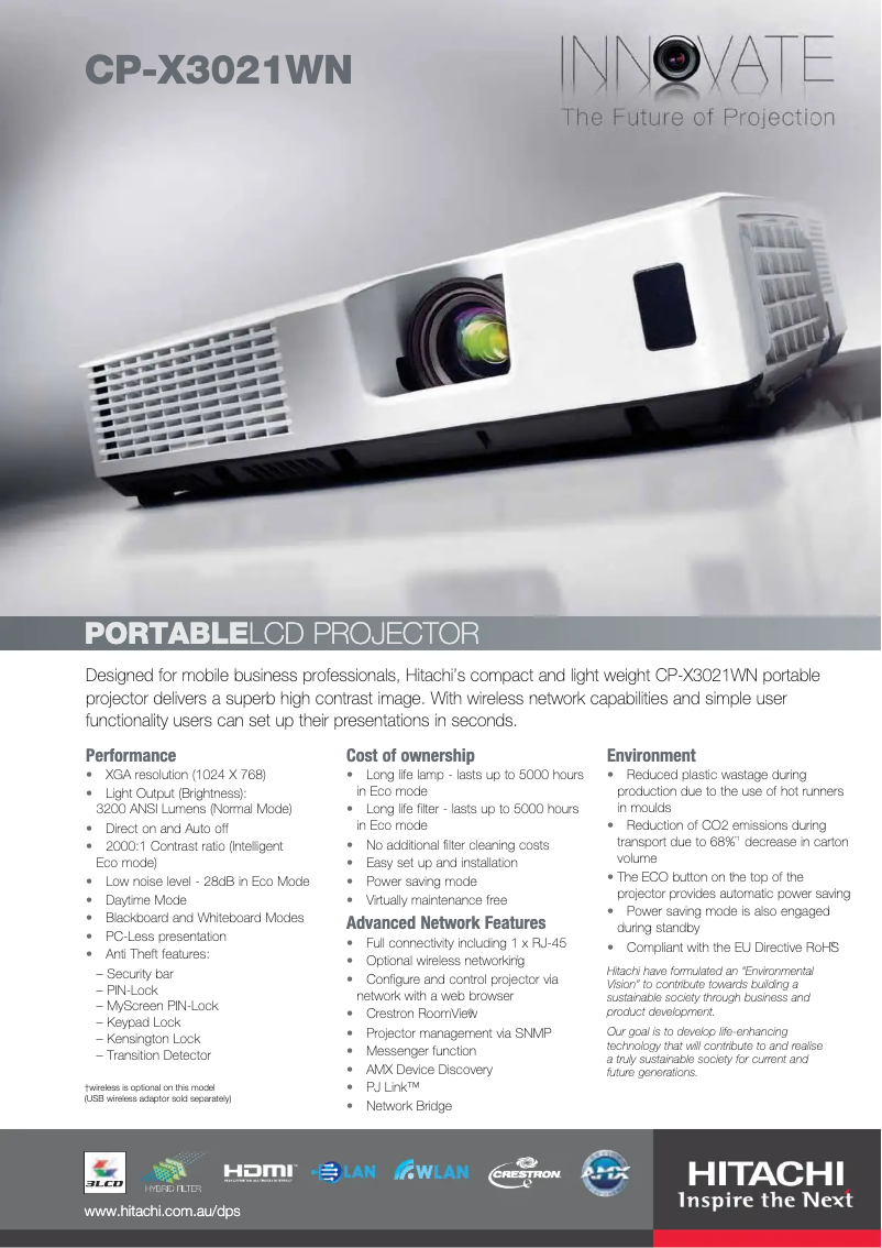 Page 1 de la notice Fiche technique Hitachi CP-X3021WN
