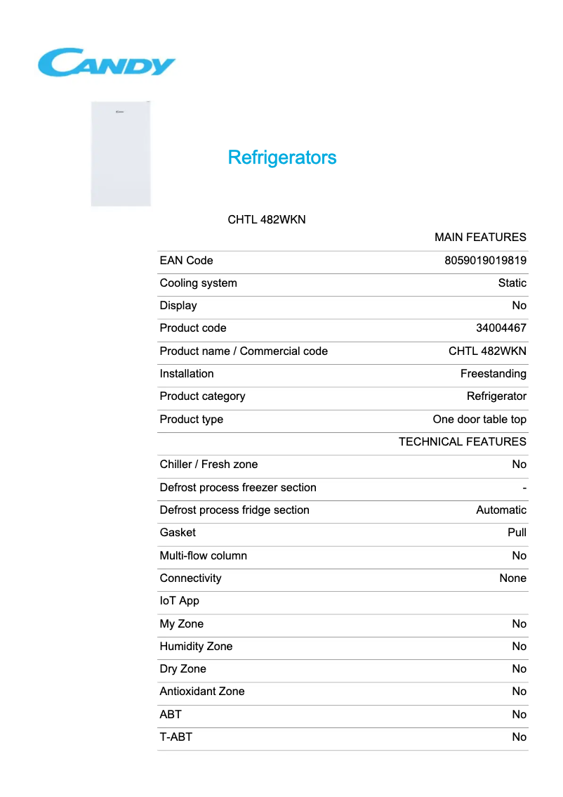 Page n°1 - Fiche technique Candy CHTL 482WKN