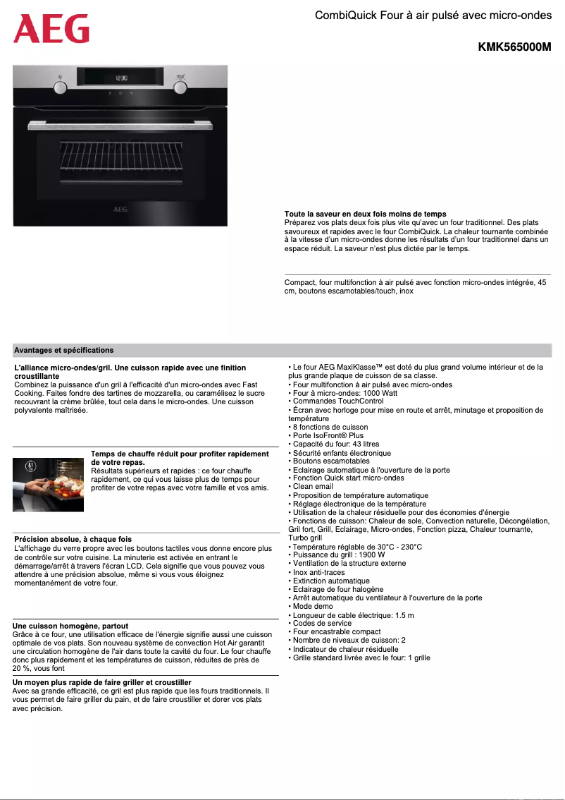 Page 1 de la notice Fiche technique AEG KMK565000M