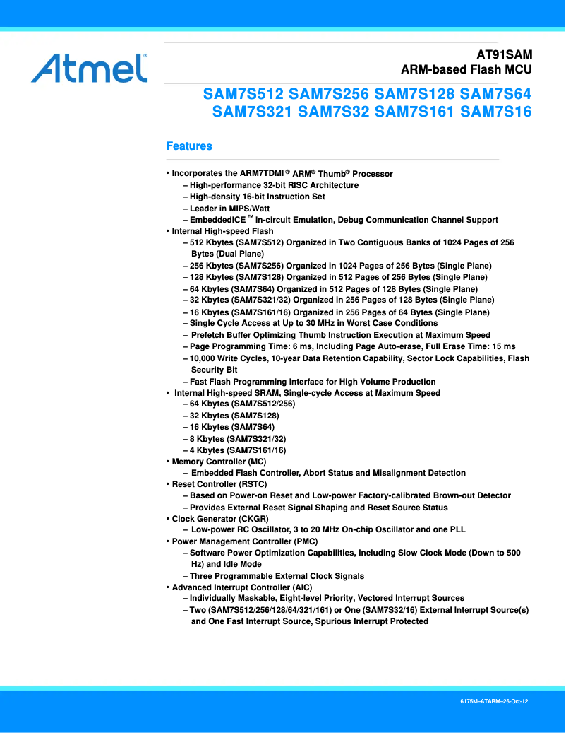 Page 1 de la notice Fiche technique Microchip AT91SAM7S256
