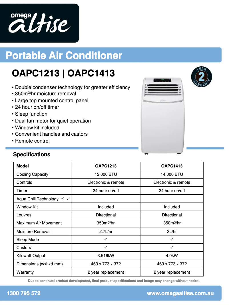 Page 1 de la notice Fiche technique Omega OAPC1413