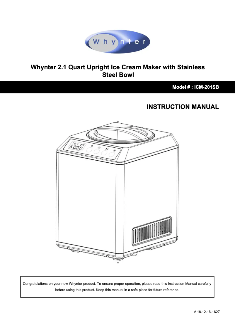 Page n°1 - Manuel utilisateur Whynter ICM-201SB