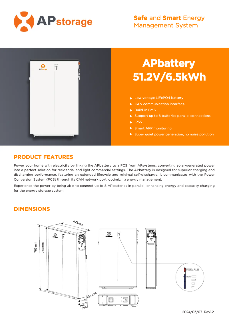 Page n°1 - Fiche technique APsystems APbattery 51.2V/6.5kWh