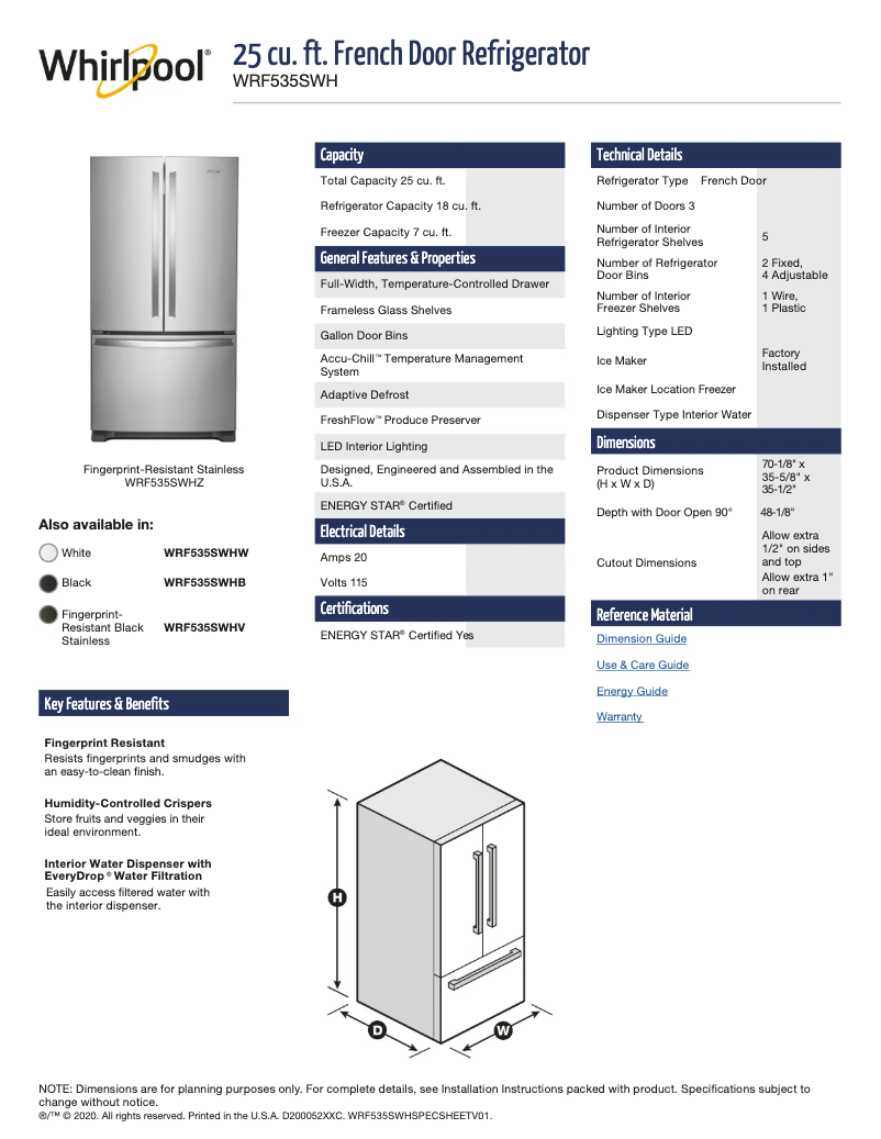 Page 1 de la notice Fiche technique Whirlpool WRF535SWHB