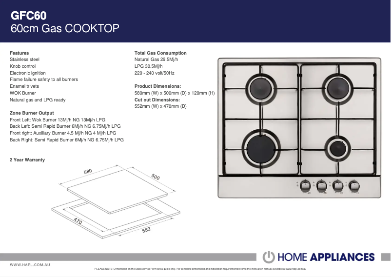 Page 1 de la notice Fiche technique ARC GFC60