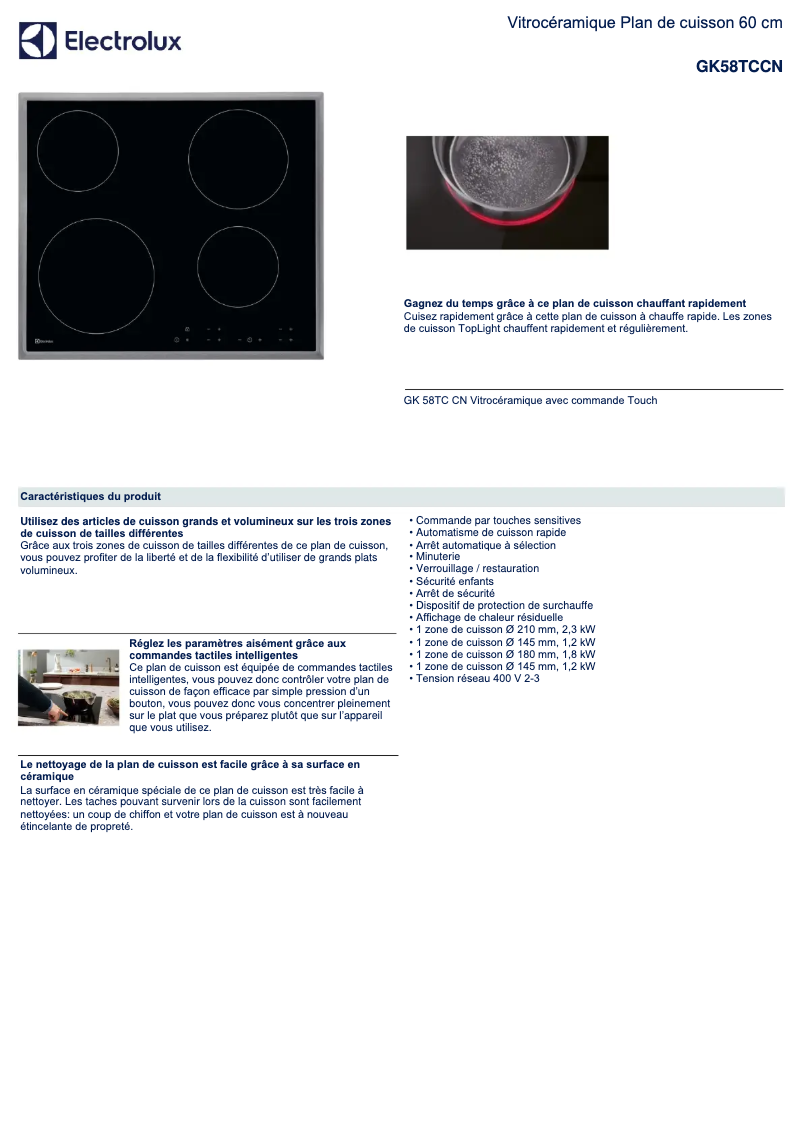 Page 1 de la notice Fiche technique Electrolux GK58TCCN