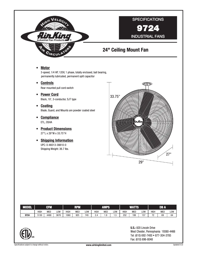 Página 1 del manual Ficha técnica Air King 9724