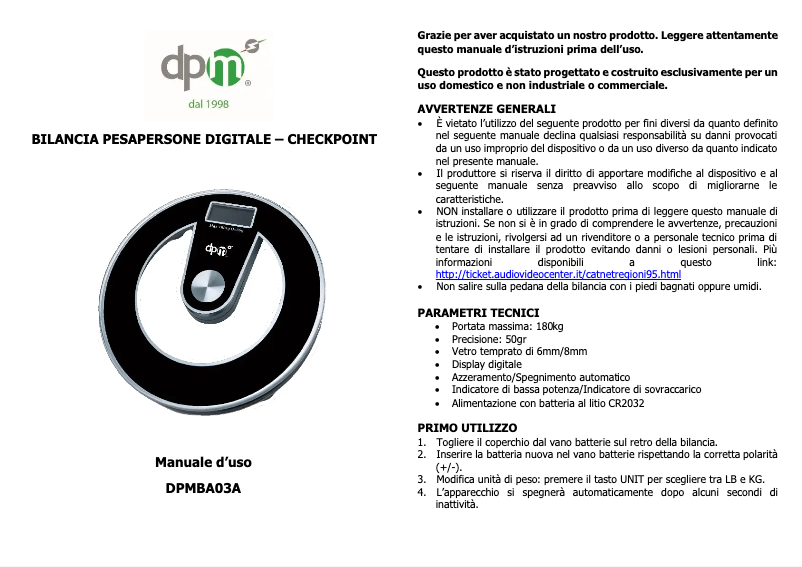 Image de la première page du manuel de l'appareil DPMBA03A