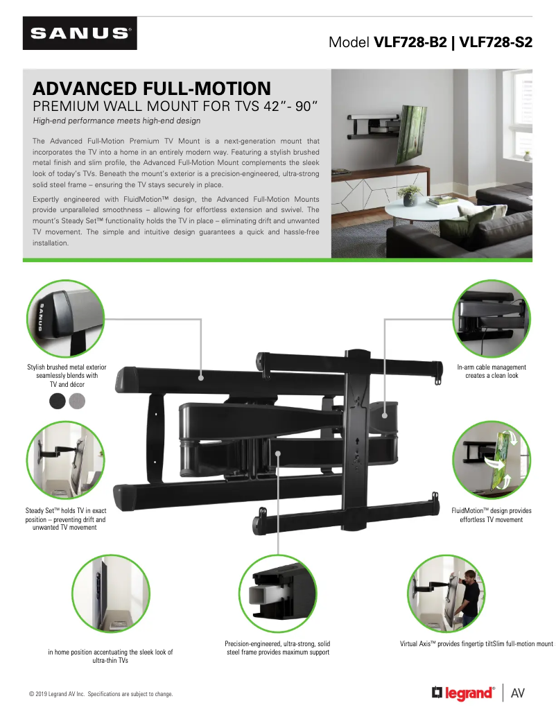 Page 1 de la notice Fiche technique Sanus VLF728-B2