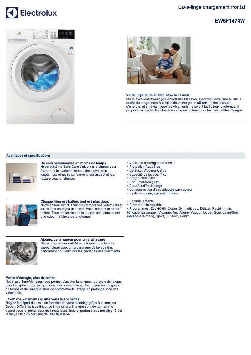 Page 1 de la notice Fiche technique Electrolux EW6F1474W