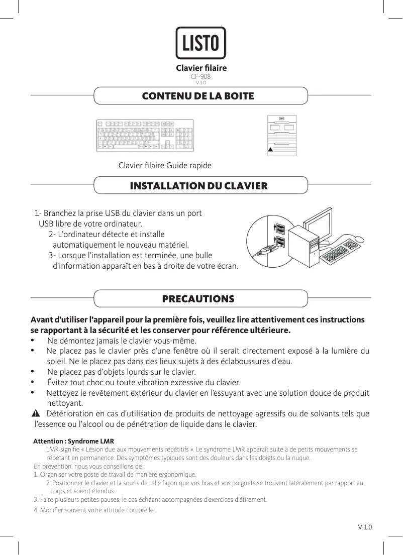 Page 1 de la notice Manuel utilisateur Listo CF-908