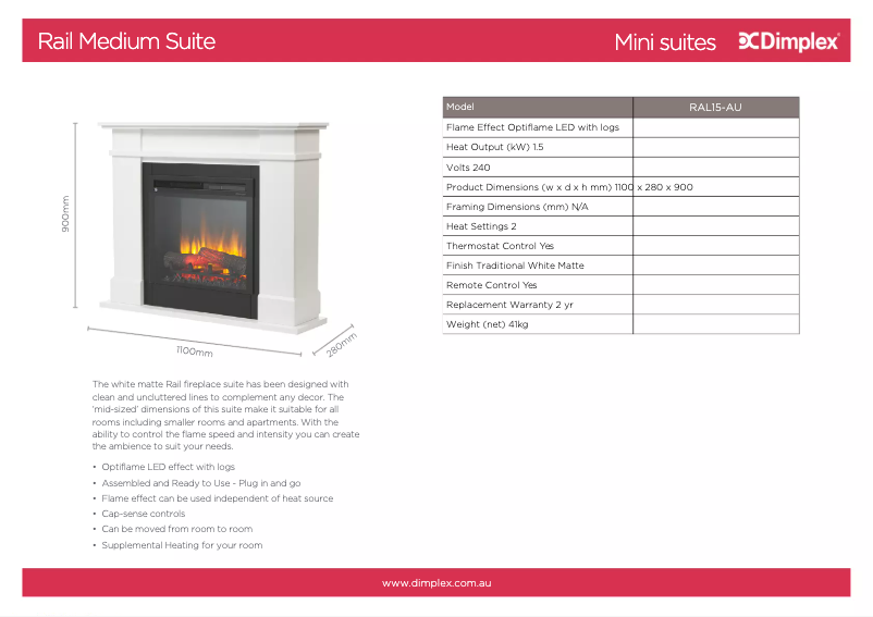 Page 1 de la notice Fiche technique Dimplex Rail Suite RAL15-AU