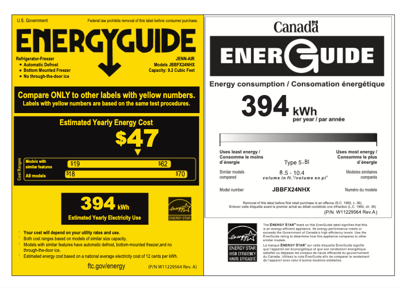 Page 1 de la notice Label énergétique JennAir JBBFX24NHX