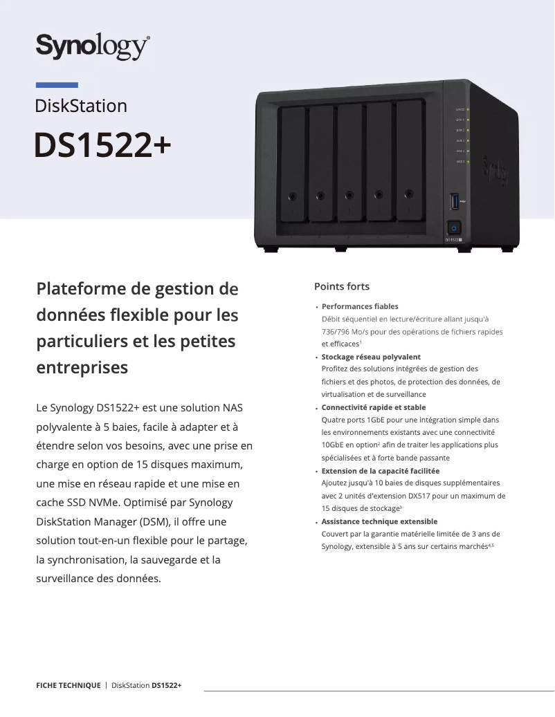 Page 1 de la notice Fiche technique Synology DS1522+