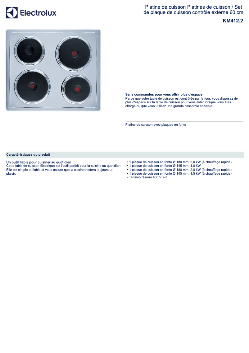 Page 1 de la notice Fiche technique Electrolux KM412.2