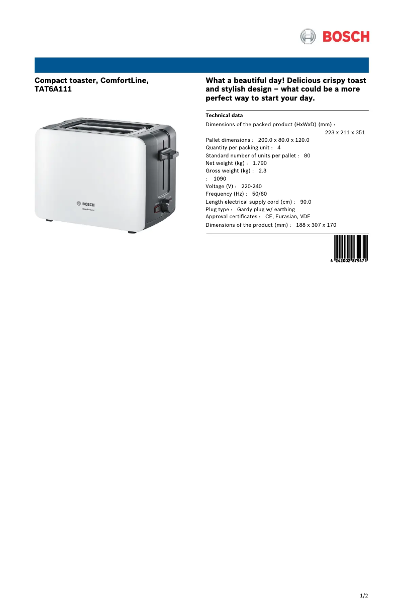 Page 1 de la notice Fiche technique Bosch ComfortLine TAT6A111