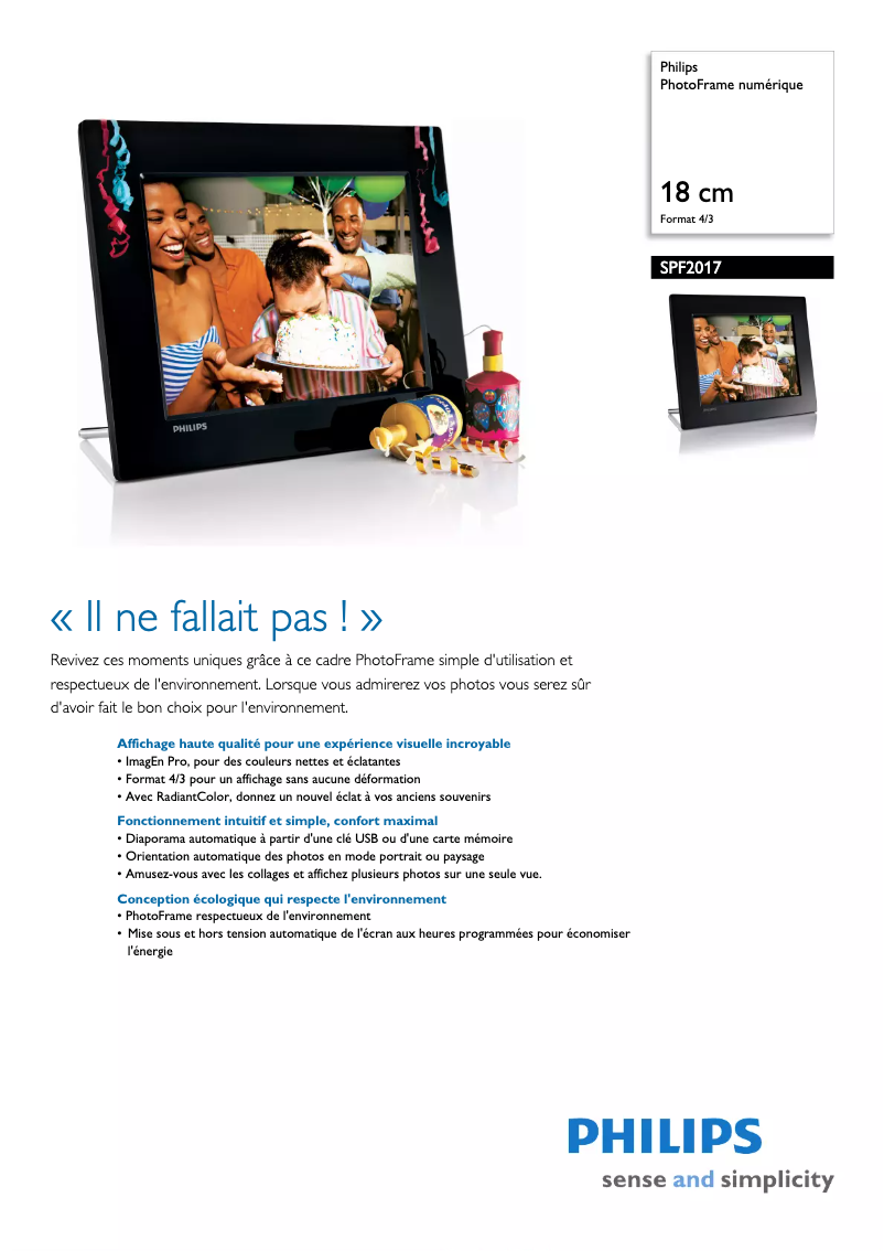 Page 1 de la notice Fiche technique Philips SPF2017