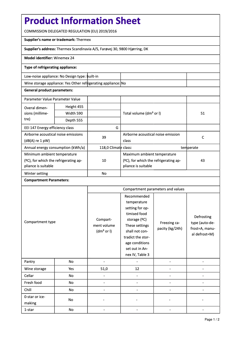 Page n°1 - Fiche technique Thermex Winemex 24