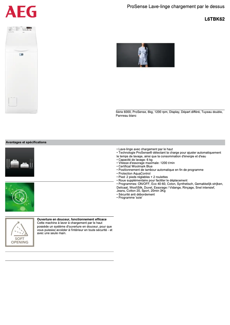 Page 1 de la notice Fiche technique AEG L6TBK62