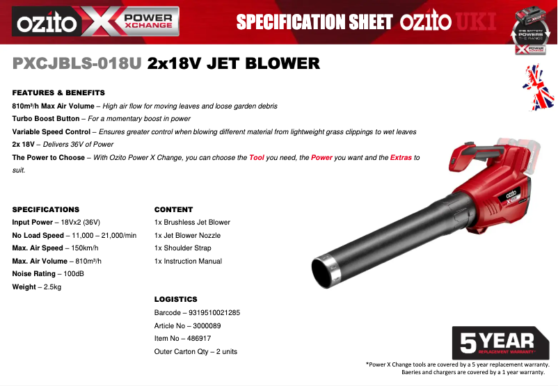 Page 1 de la notice Fiche technique Ozito PXCJBLS-018U