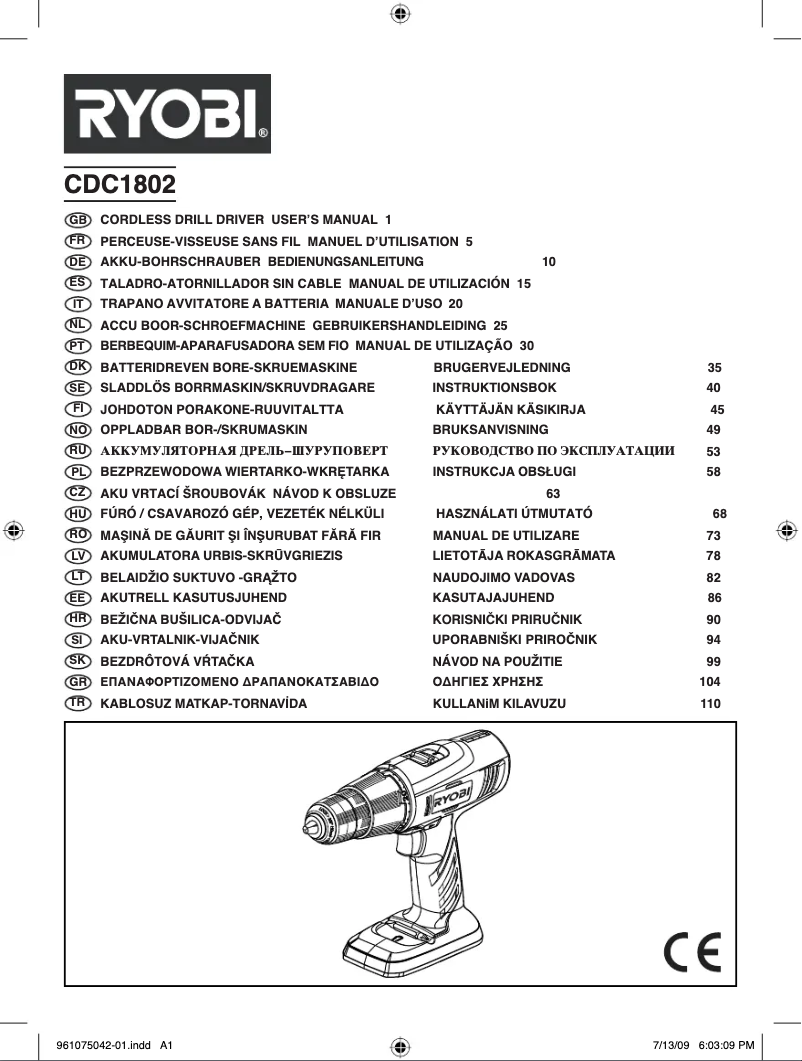 Page 1 de la notice Manuel utilisateur RYOBI CDC1802