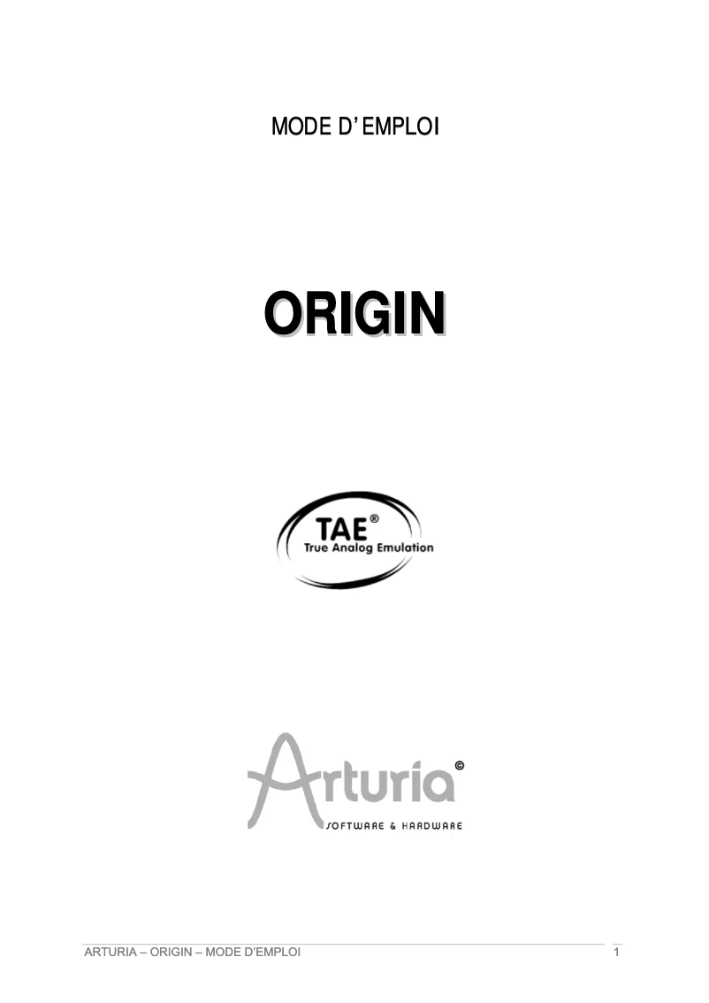 Page 1 de la notice Manuel utilisateur Arturia Origin
