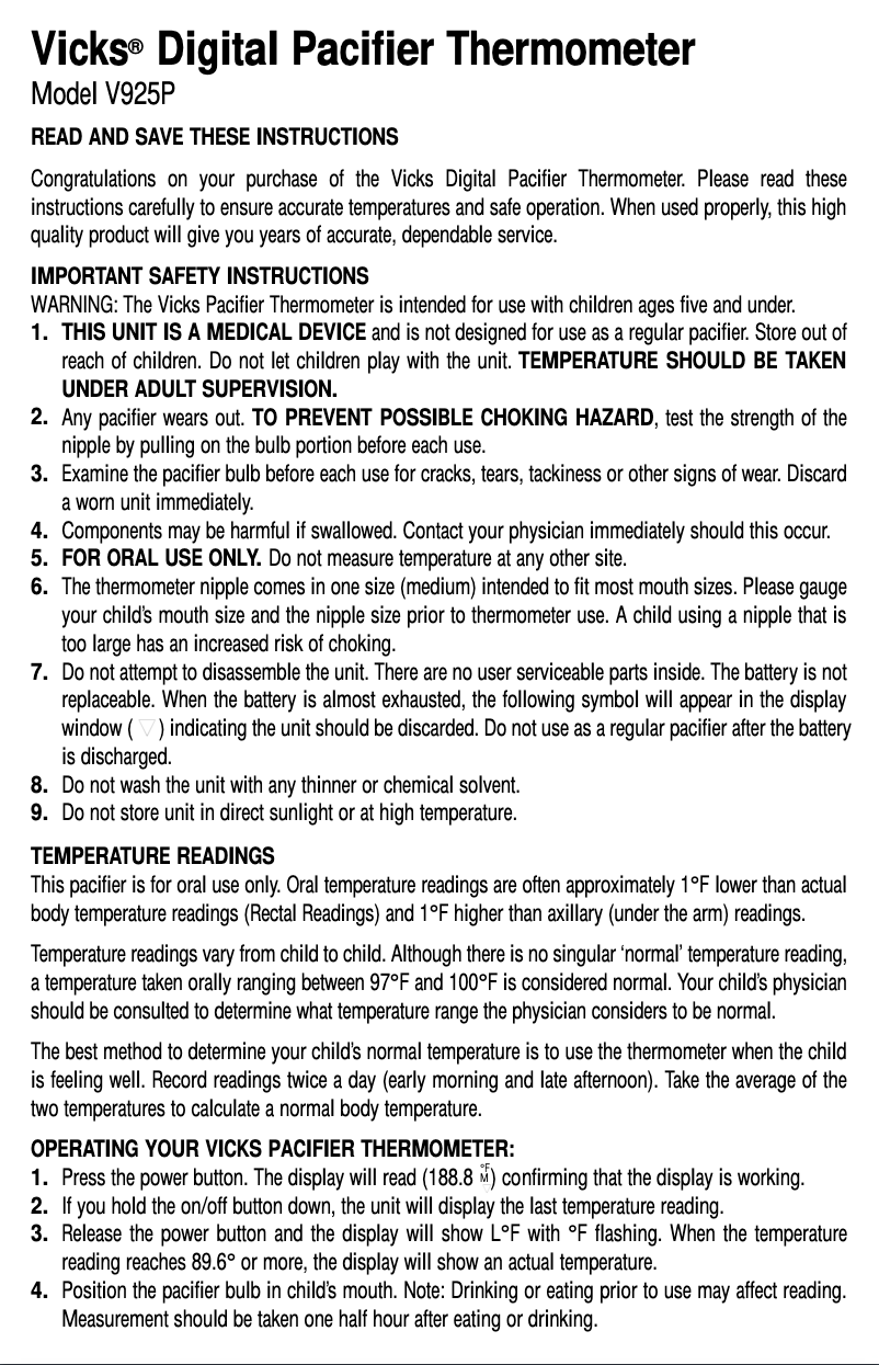 Page 1 de la notice Manuel utilisateur Vicks V925P